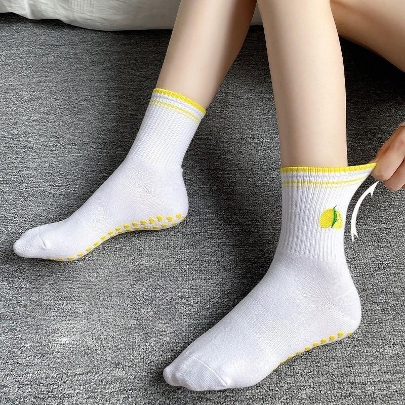 Non-Slip Professional Yoga Pilates Socks Women Fruit Embroidery Mid-Calf Sports Socks Customizable