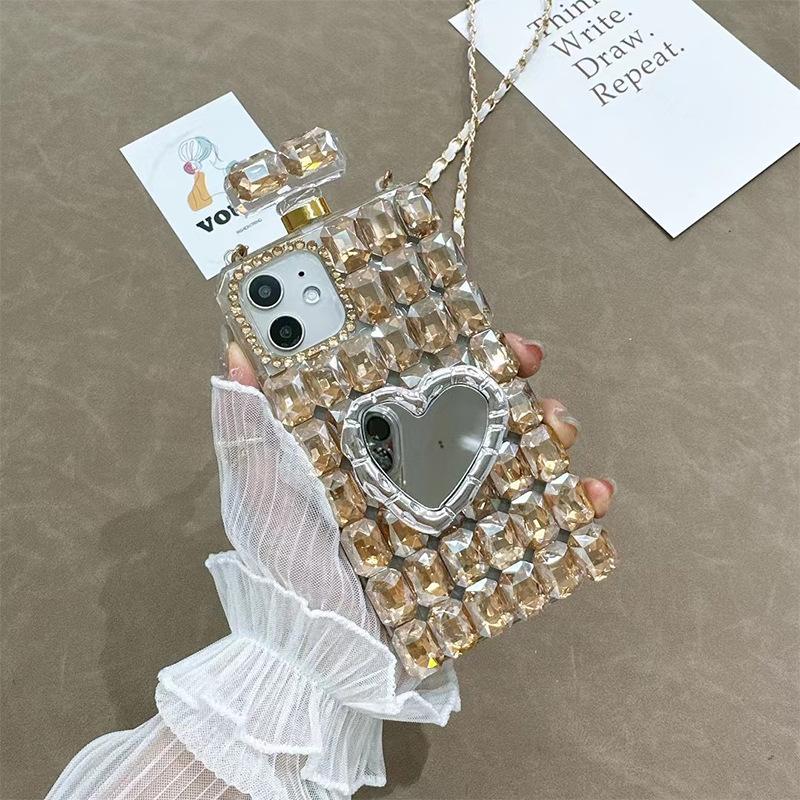 

Rhinestone Love Mirror Phone Case For Iphone17 Perfume Bottle Apple 14 Crossbody Rope 16 Full Diamond Luxury 13 iPhone 17Promax
