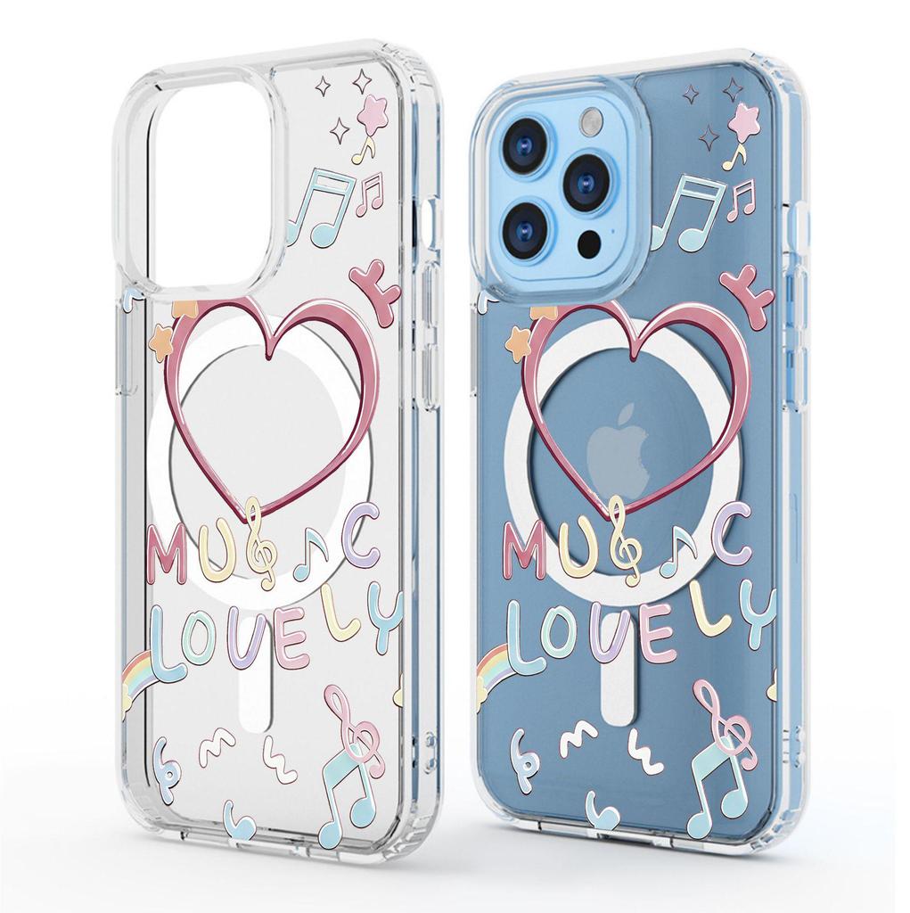 Heart-Shaped Magnetic Music Case for iPhone 14-17 Pro Max - Transparent & Full Coverage.