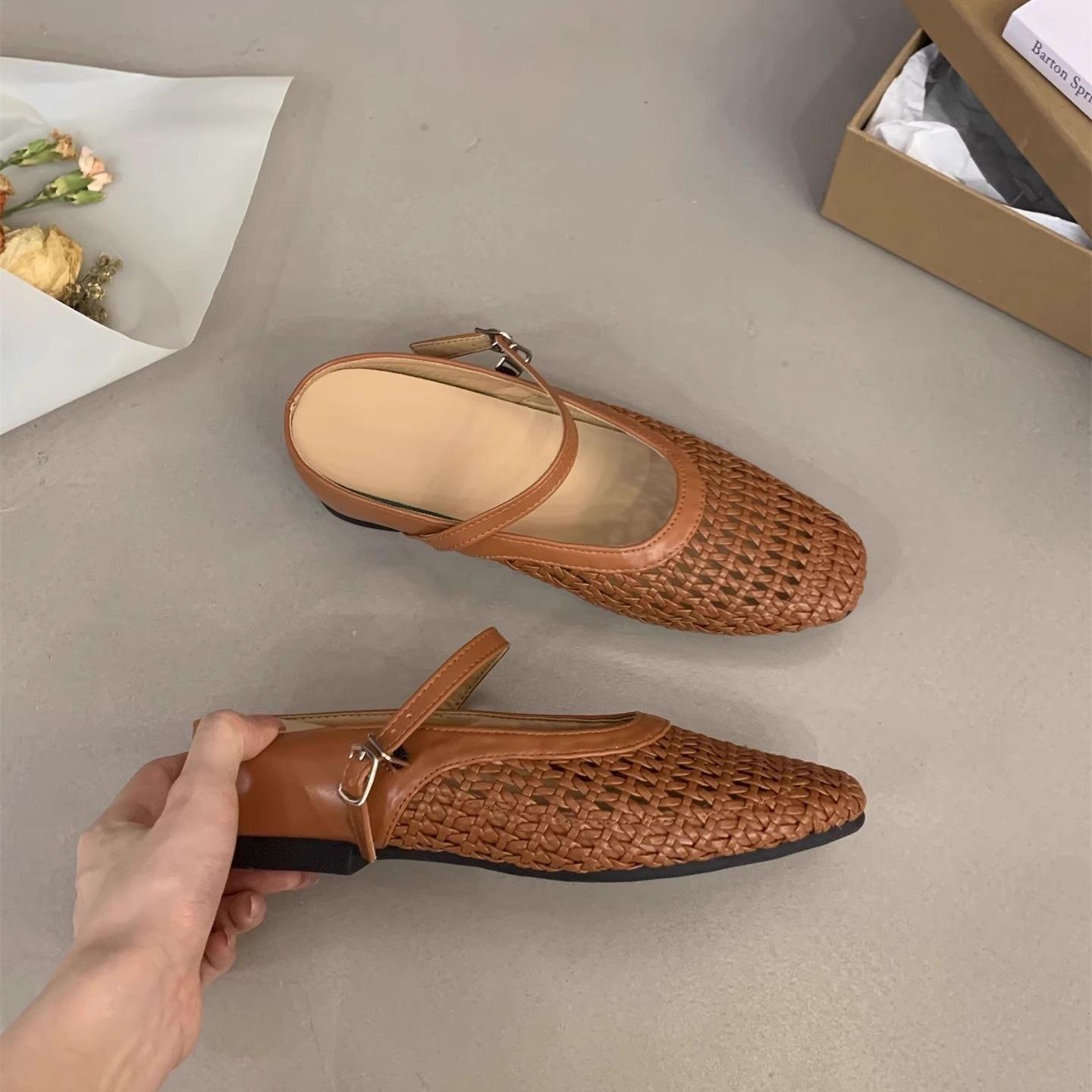 

Внутреннее увеличение высоты Французские плетеные полые туфли-лодочки 2025 новая сумка с круглым носком полушлепанцы для улицы дышащие сандалии Мэри Джейн женские 35 коричневый