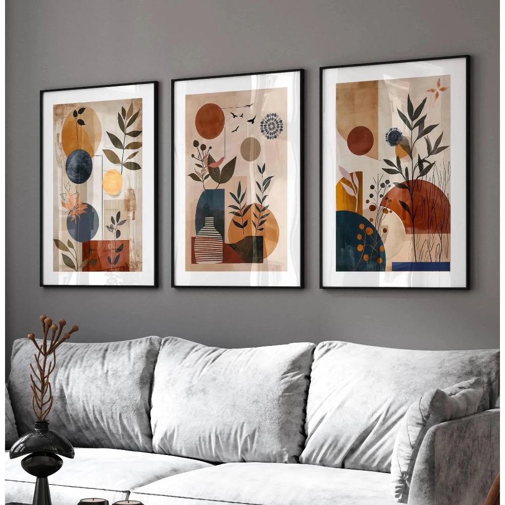 Boho Mid-Century Botanical Canvas Wall Art Set, Abstract Geometric Vase Prints, Minimalist Living Room Bedroom Home Decor Gifts