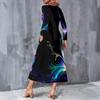 Women Plus Size V Neck Long Sleeve Black Multicolor Printed A Line Midi Dress With Pockets
