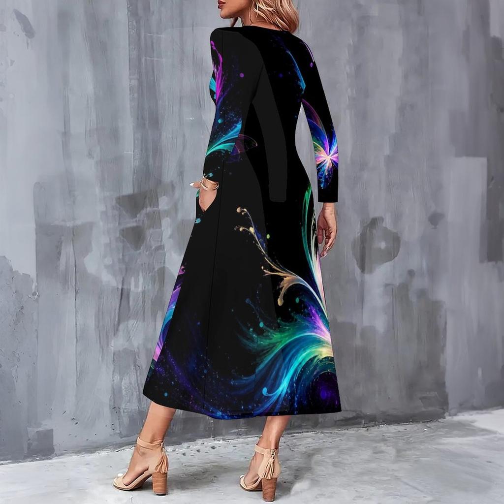 Women Plus Size V Neck Long Sleeve Black Multicolor Printed A Line Midi Dress With Pockets