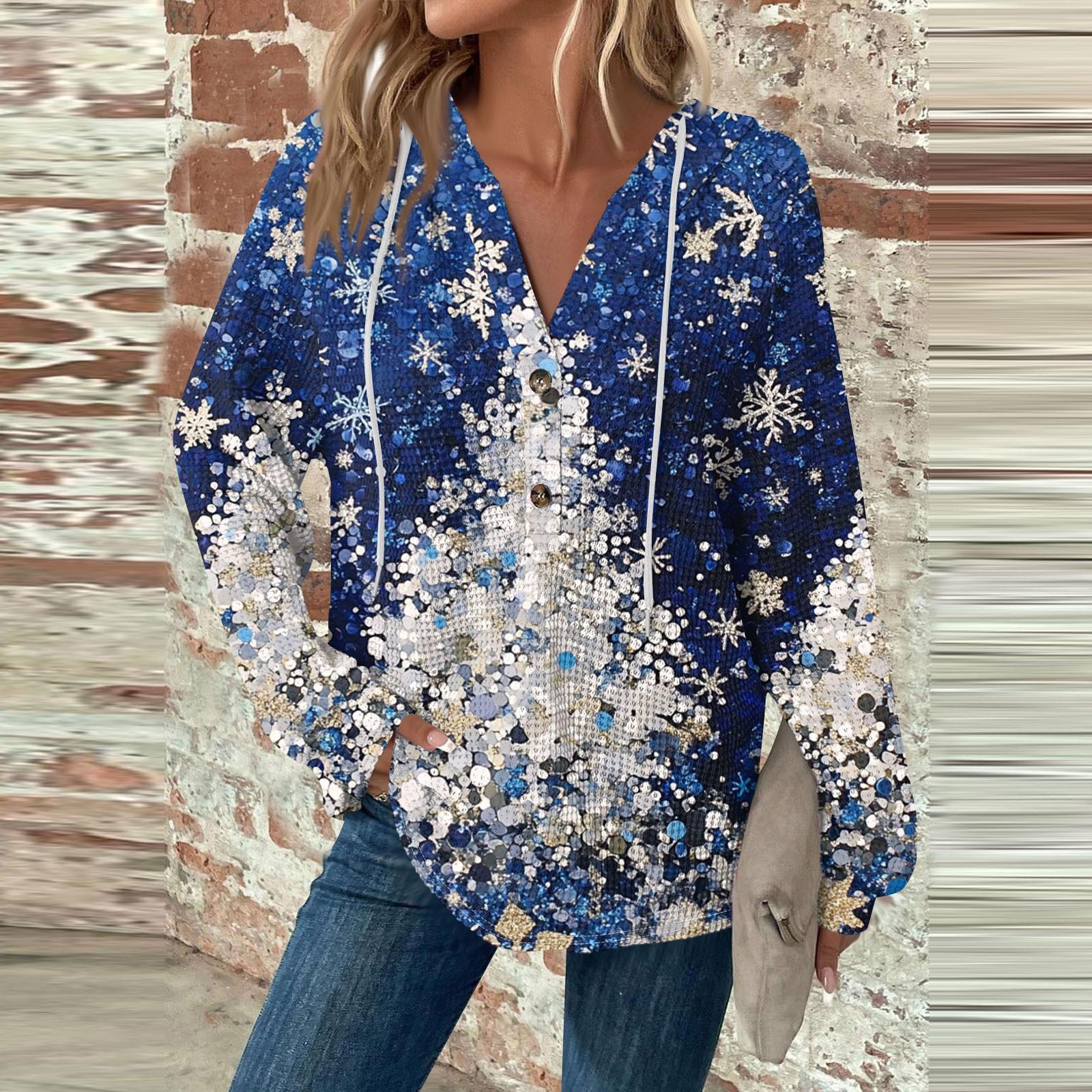 

Женская мода с длинным рукавом, завязками на шнурке, капюшоном, пуговицами, V-образным вырезом, повседневная толстовка с капюшоном и рождественским принтом XL