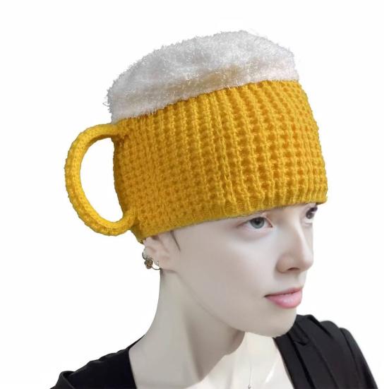 Beer Mug Leg Warmers Funny Hat, Novelty Knitted Unique 3D Cup Headwear with Handles, Winter Warm Gloves for Adults, Men And Women Cozy Thanksgiving