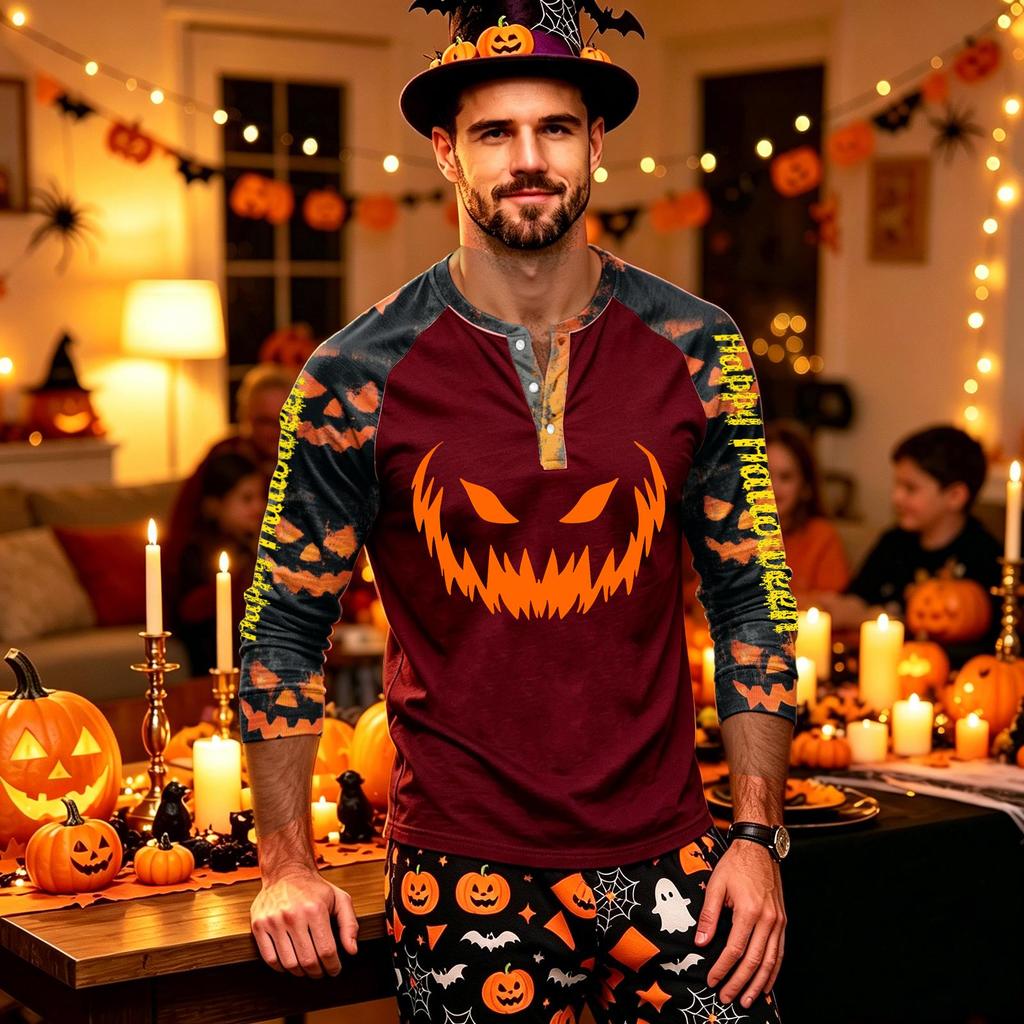 Men's Long Sleeve Shirt with Halloween Print for Holiday Parties and Casual Wear