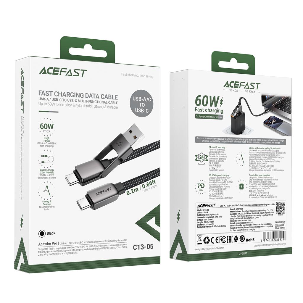 Cable USB-C - USB-A / USB-C 480Mb/s 3A 0.2m - Black