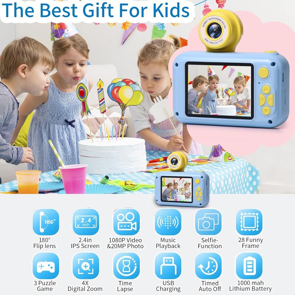 Kids Camera,2.4in IPS Screen Digital Camera,180°Flip Lens Camera,Children Selfie Camera with Playback Game,Christmas/Birthday Gift for 4 5 6 7 8 9