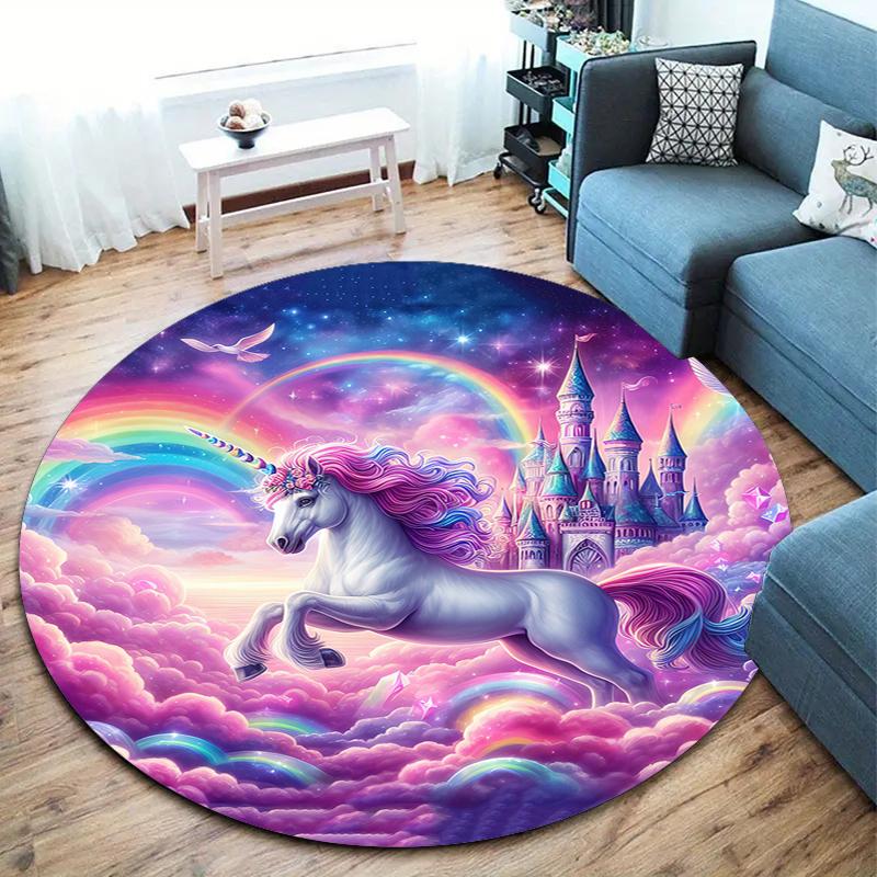1Pc Cute Unicorn Circular Print Rug - Home Decoration Carpet For Living Room Bedroom Flooring Computer Chair Area Rug