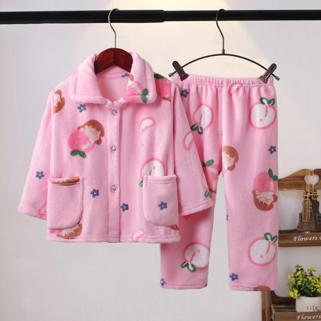 Girls' Pajamas Long Sleeve Flannel Children's Pajamas Autumn Winter Coral Fleece Boys' Baby Kids' Homewear Set