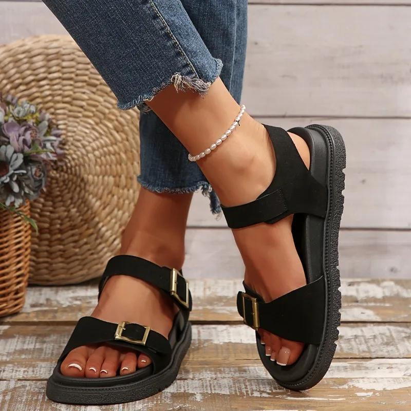 

Женская обувь Брендовые женские сандалии с пряжкой на ремне Модные повседневные сандалии с открытым носком Женские летние сандалии больших размеров Однотонные плоские сандалии 42