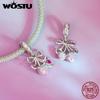 WOSTU Real 925 Sterling Silver Pink Charms Bear Strawberry Heart Beads Fit Original Bracelet Enamel Fine Jewelry Gift For Girl