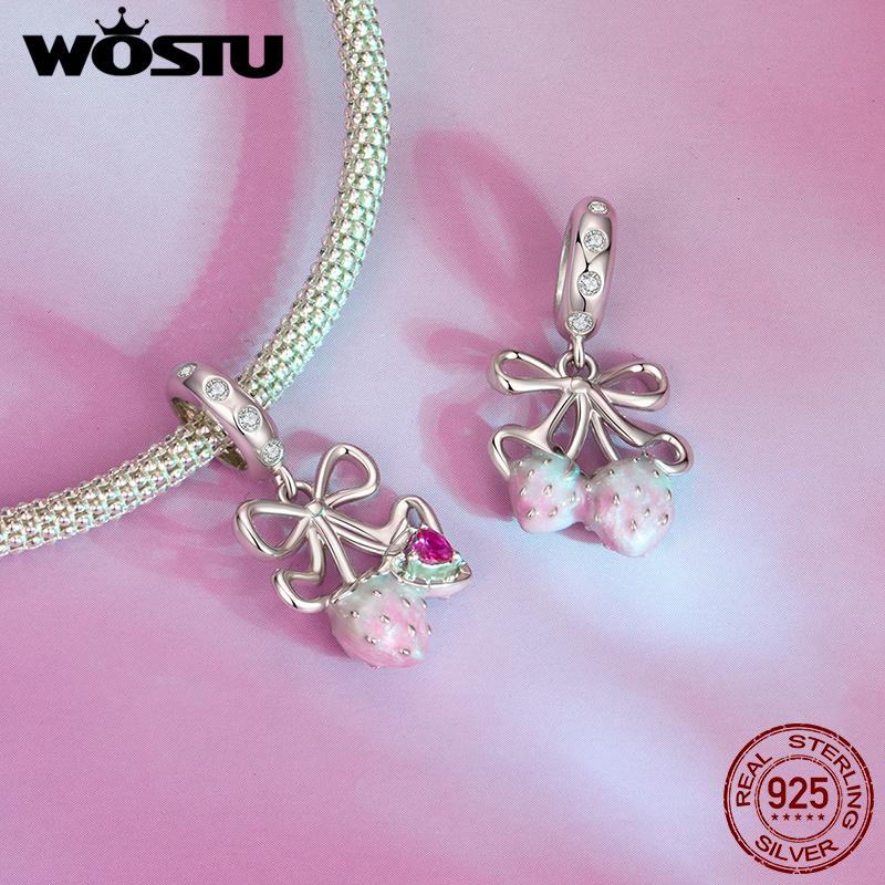 WOSTU Real 925 Sterling Silver Pink Charms Bear Strawberry Heart Beads Fit Original Bracelet Enamel Fine Jewelry Gift For Girl
