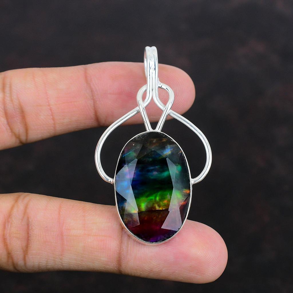 Fasetthengt Ammolitt Anheng Naturlig Edelsten Anheng Antikke Smykker 925 Sterlingsølv Anheng Håndlaget Anheng Ammolitt Smykker Gave Til Ham