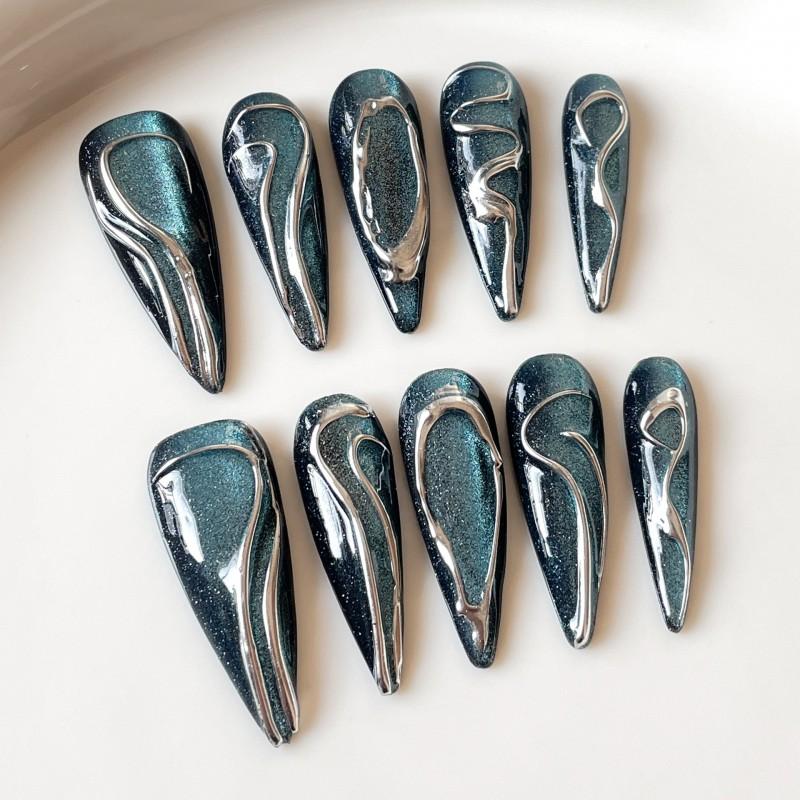Hand-Painted Blue Starry Sky Nail Art Tips With Cat Eye Effect Irregular Metallic Design Long Extra Small