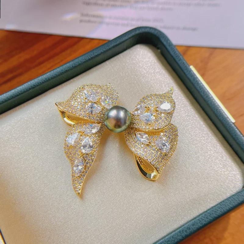 DIY High-Grade Light Luxury Bow Brooch with Gold-Plated Copper, Colored Zircon, and Pearl