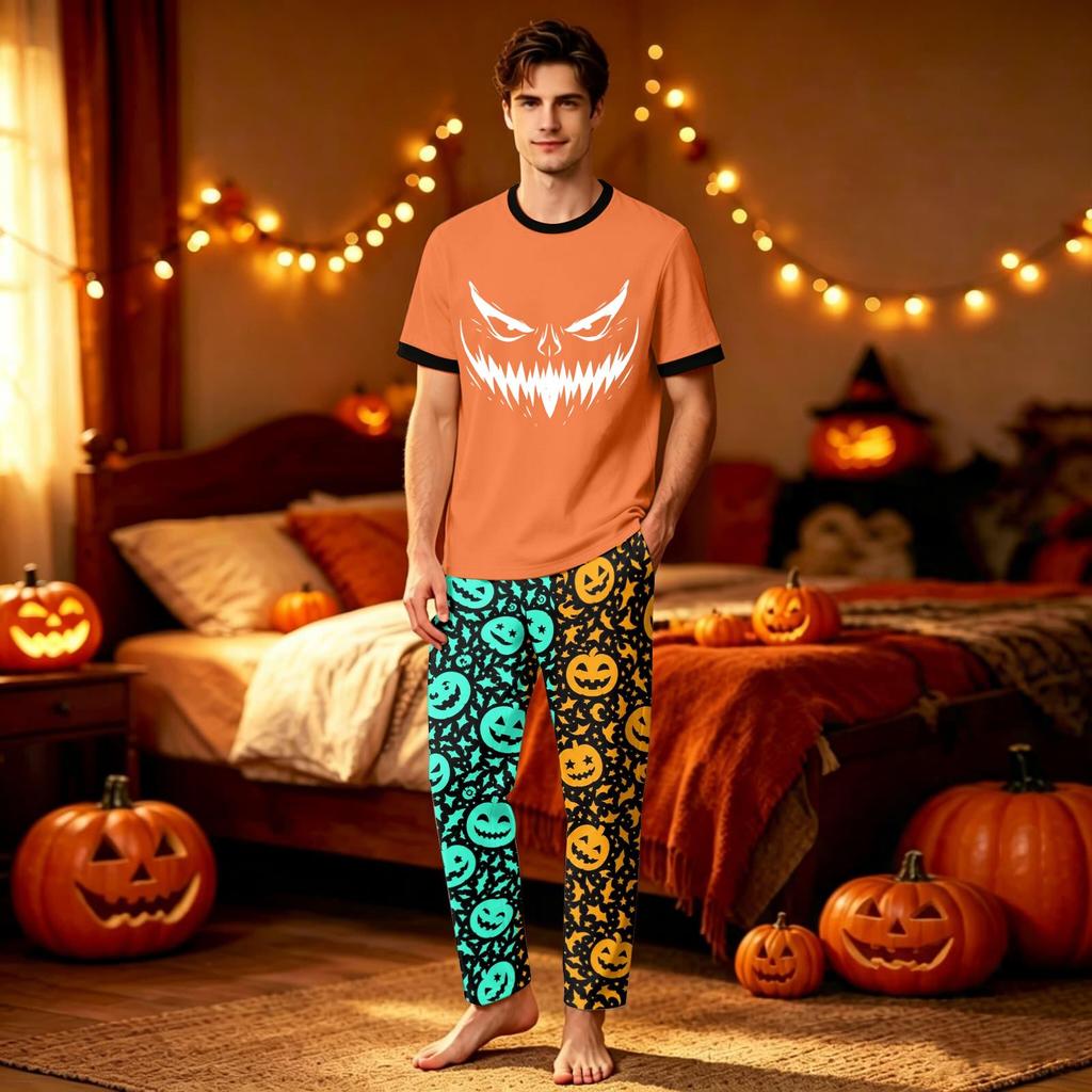 Family Matching Halloween Print Pajama Set Short Sleeve Top and Pants for Couples and Kids