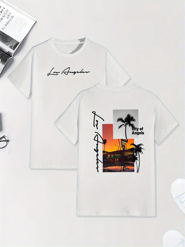 Vintage Los Angeles Sunset Palm Tree Collage Tee with Front and Back Script Print 100 Cotton Unisexs Tshirt for Summer Adventures