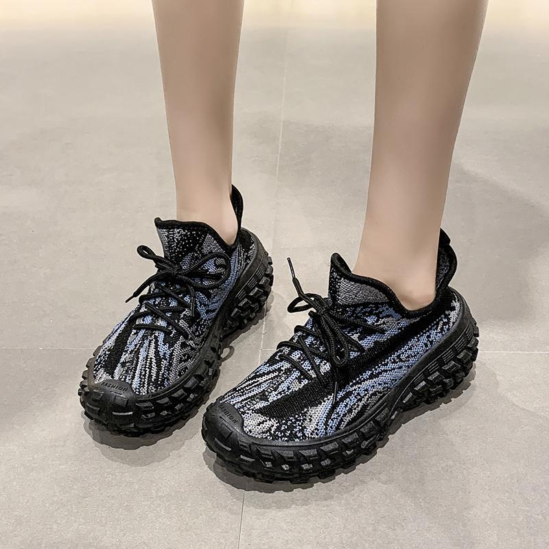 Spring/Autumn New Round Head Thick Sole Increase Shock Absorption Vulcanized Shoes Mesh Surface Breathable Fresh Walking Shoes