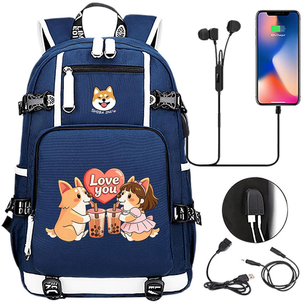 Cute Shiba Inu Corgi USB Charging Backpack for Middle High School Students Travel Casual Daypack