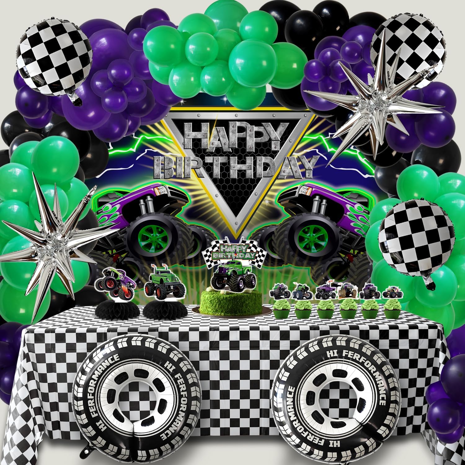 Monster Truck Birthday Party Decorations Racing Balloon Arch kit Large Wheel Checkered Balloon Honeycomb Centerpieces Backdrop Tablecloth Cake Topper