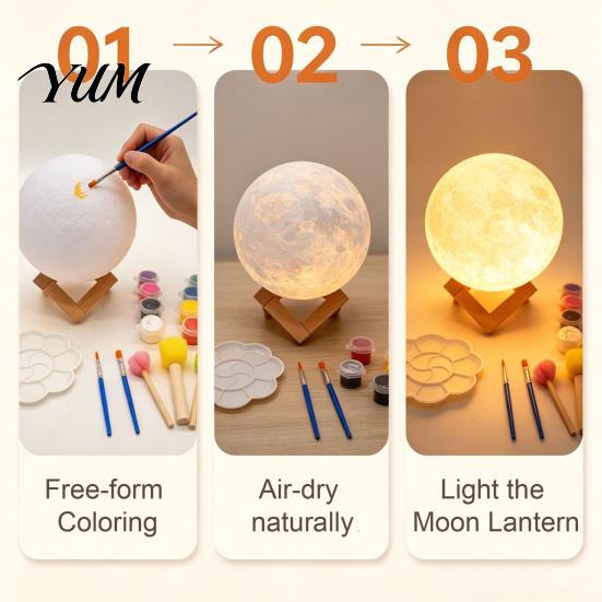 Desktop Art Ornament DIY Paint Your Own Moon Lamp, LED Night Light Kit with 8 Kids Arts And Crafts Colors Brushes, Craft Project, Warm Glow