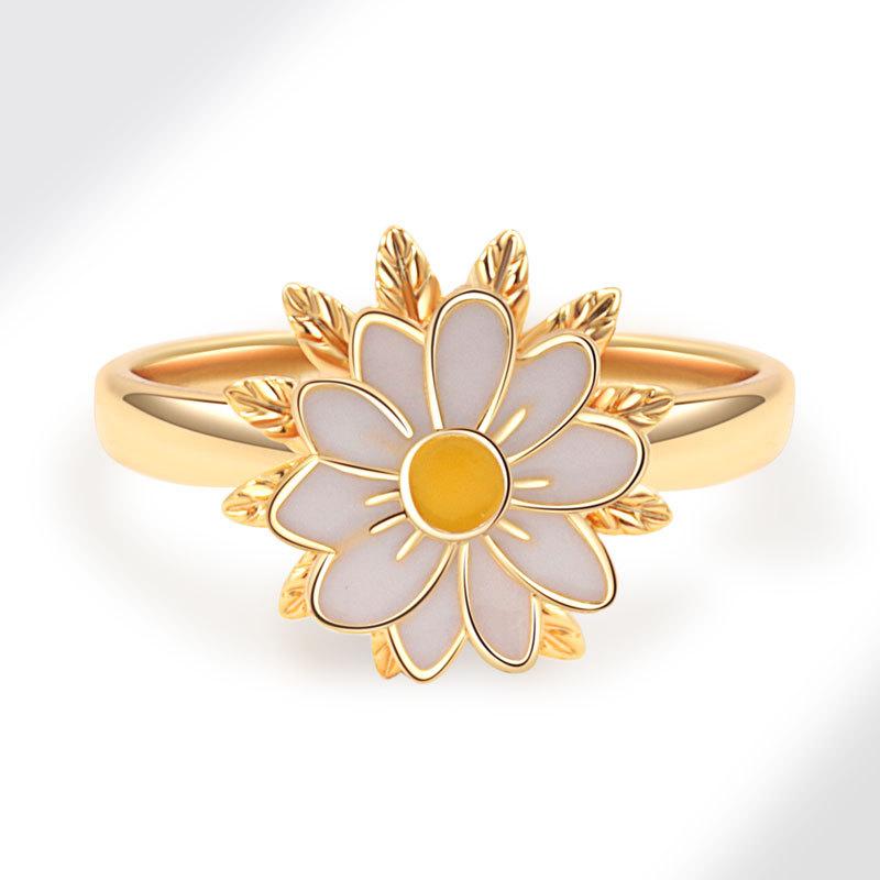 Enamel Daisy Flower Plant Anxiety Knuckle Ring For Women Golden Metal Copper Rotate Freely Ring Fidget Spinner Anillo Ajustable