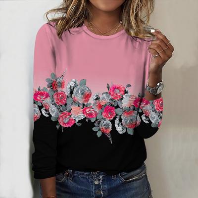 Tops para primavera y otoño, camiseta de manga larga con cuello redondo y estampado de rosas en dos tonos, jersey ajustado informal de otoño, top de manga larga para mujer