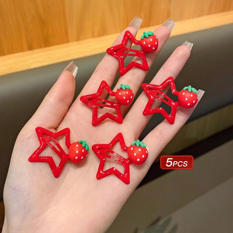 

5pcs Red Star Hair Clips Strawberry BB Clips Suitable for Daily Use Girl Hair Accessories