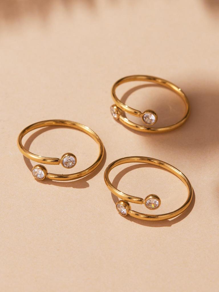 Oumeka Super Flash Zircon Pinky Ring Set: 18k Gold-Plated Small Diamond Stainless Steel Trio Jewelry