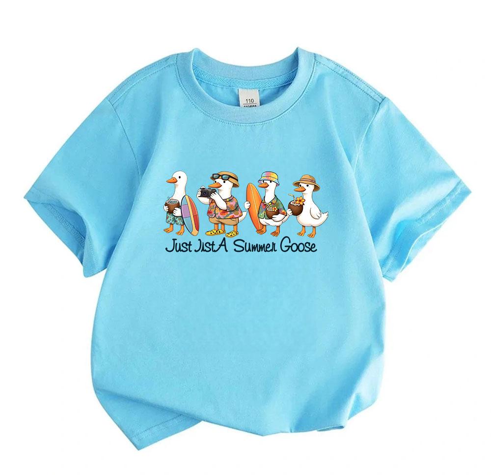 Kids Boys Girls 100% Cotton Crew Neck Short Sleeve T-Shirt, Cute Summer Travel Goose Graphic Tee, Casual Breathable Tops for Holiday Beach Daily Wear
