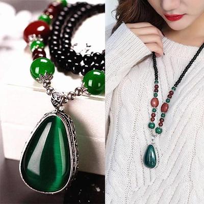 Retro Faux Amber Long Sweater Chain Ethnic Pendant Necklace for Women - Autumn/Winter Cotton Linen Accessories.
