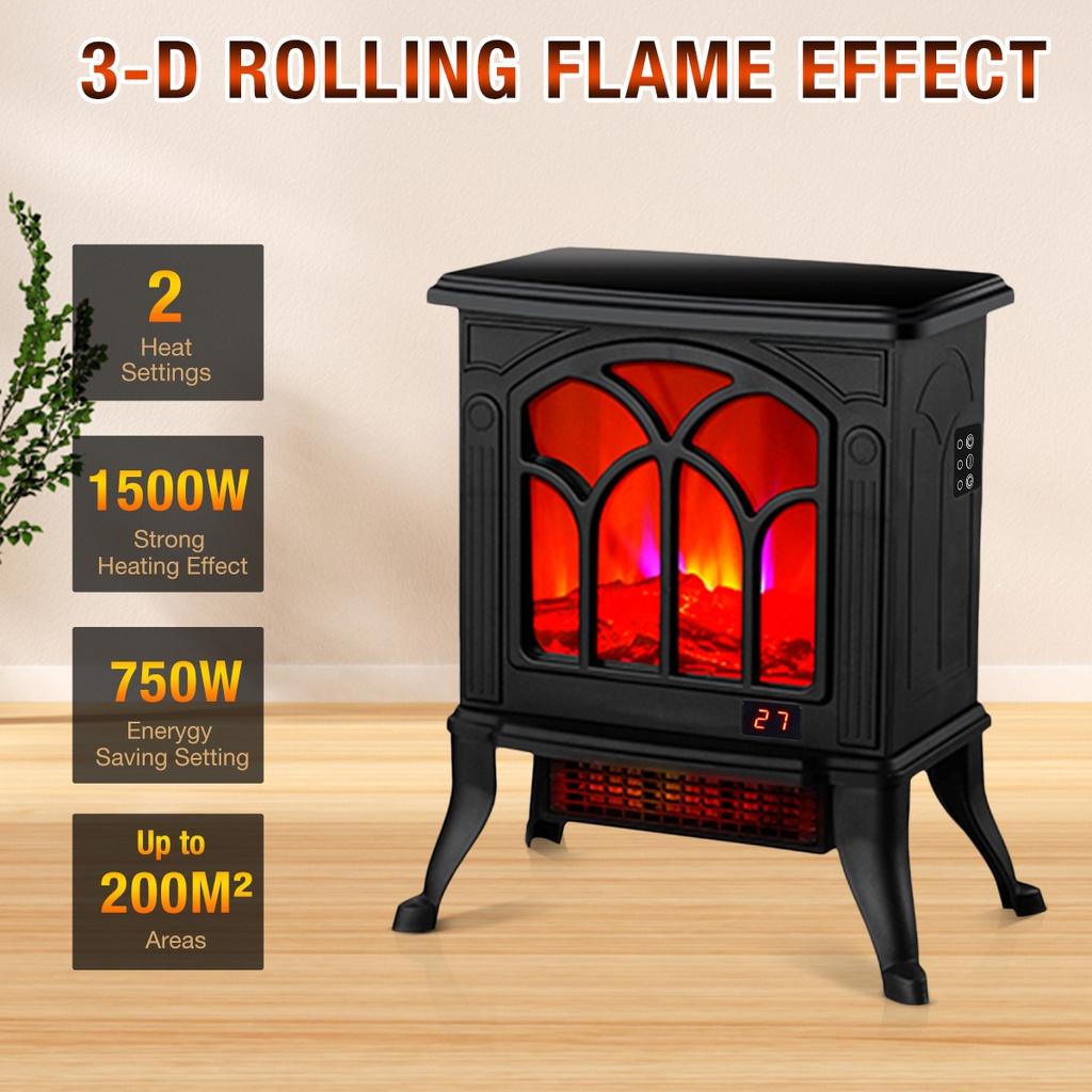 70W/750W/1500W Elektrický krbový ohřívač ventilátor kamna polena plamenový efekt římsa časovač PTC keramický ohřívač