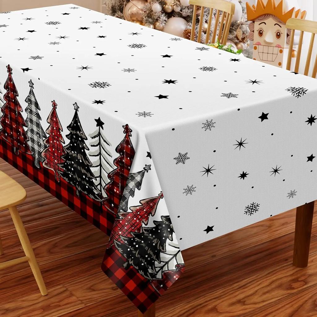 Rectangular Christmas Tablecloth Christmas Trees Buffalo Plaid Red Washable Table Cover Waterproof