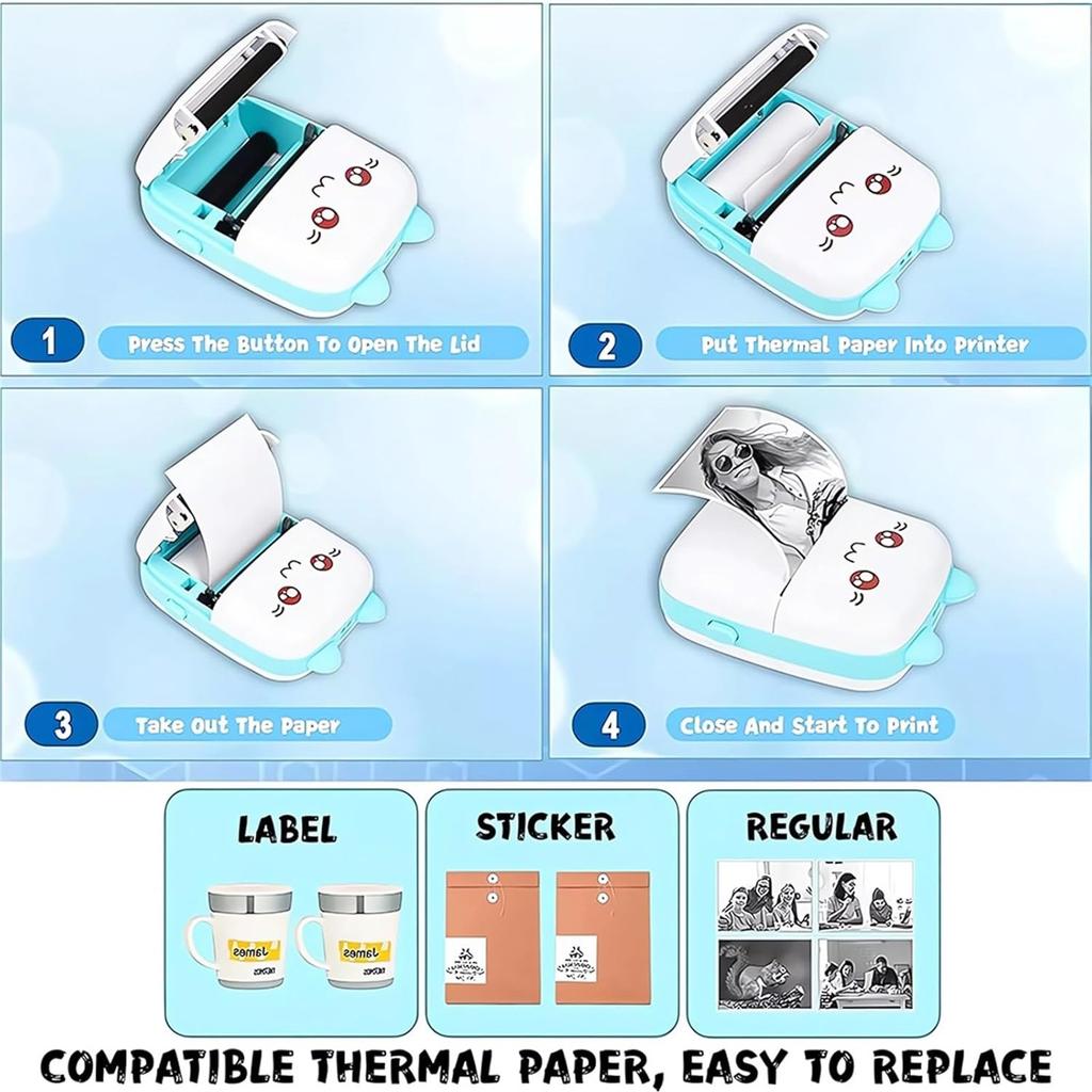 Cute Cat Wireless Bluetooth Mini Thermal Printer, Portable Pocket Printer for Photos, Notes, Labels & Study Materials (1000mAh Rechargeable) (Blue)