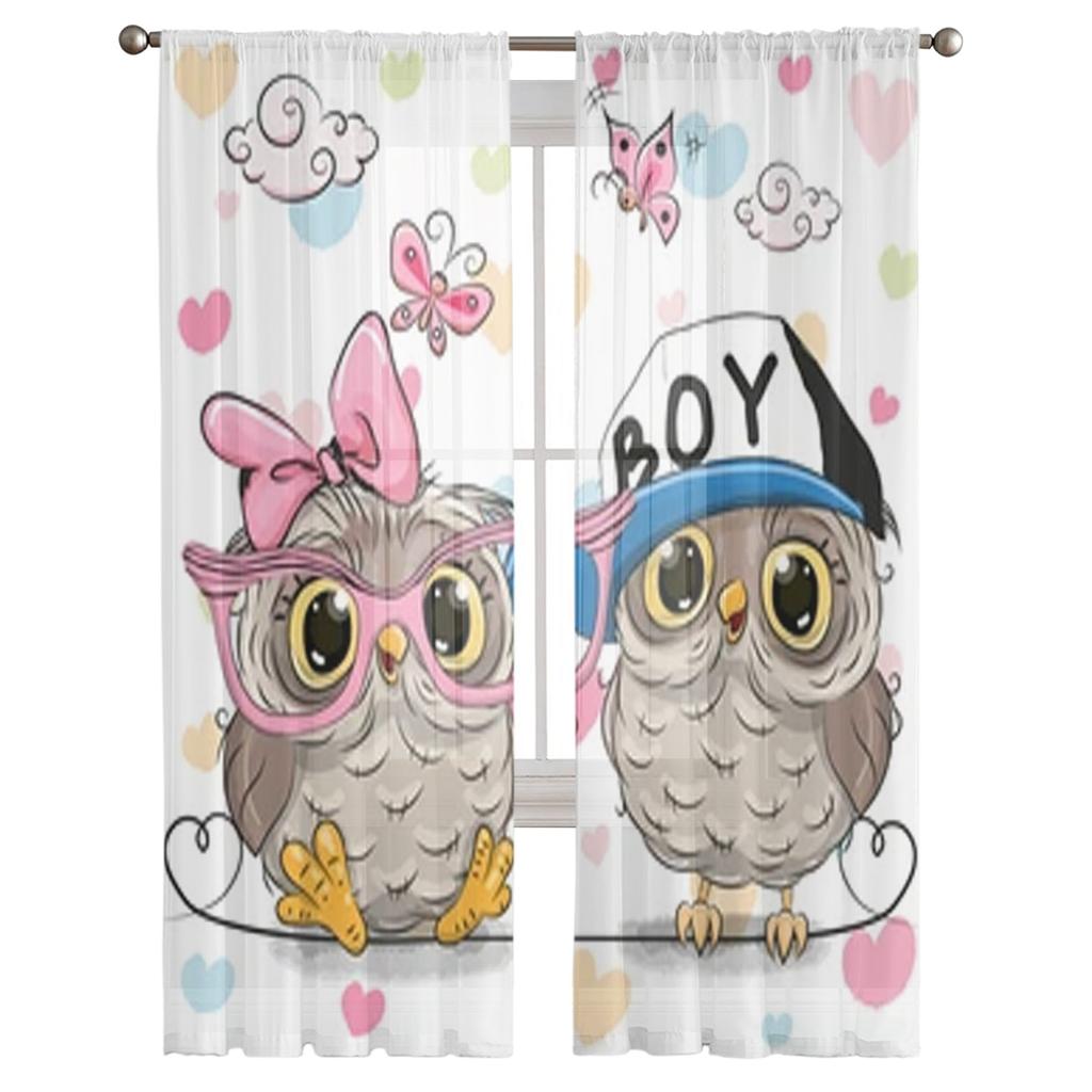 Niedliche Eulen auf Herz-Hintergrund Chiffon Transparente Vorhänge für Wohnzimmer Schlafzimmer Dekoration Fenster Tüll Vorhänge Drapierungen