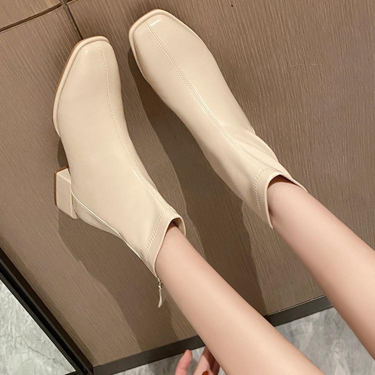 Full cowhide thin boots square head bare boots rear zipper autumn and winter velvet French thick high-heeled short boots women's single boots