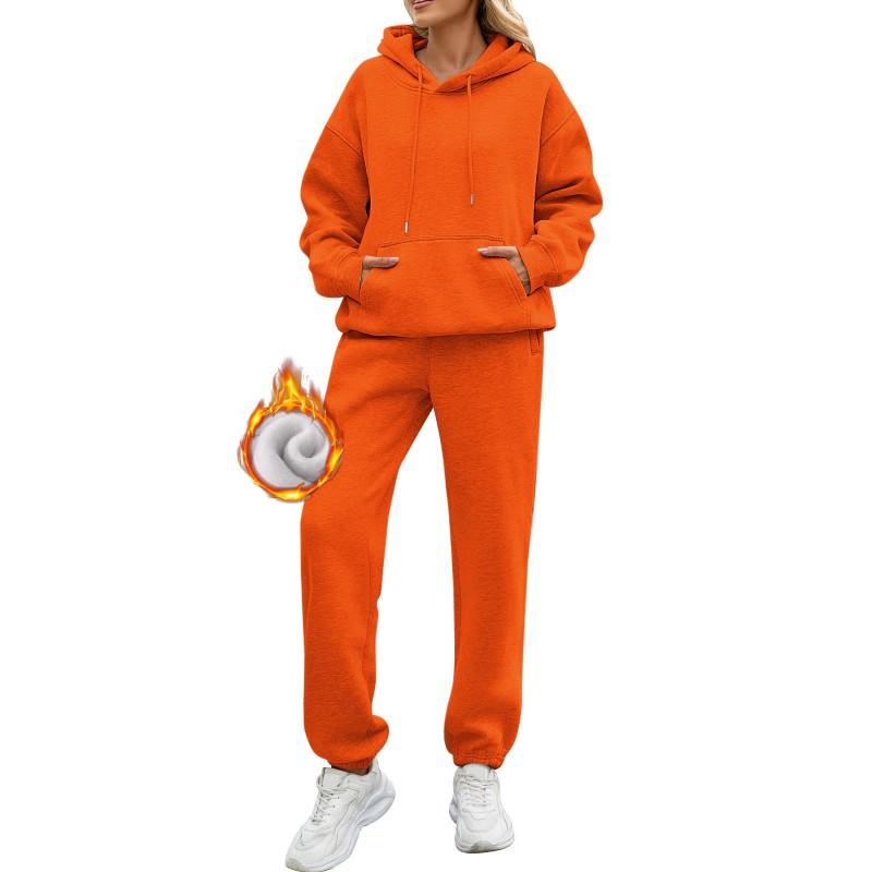 Womens Solid Color Long Sleeve Hooded Fleece Lined Sweatshirt Casual Pants Set Winter