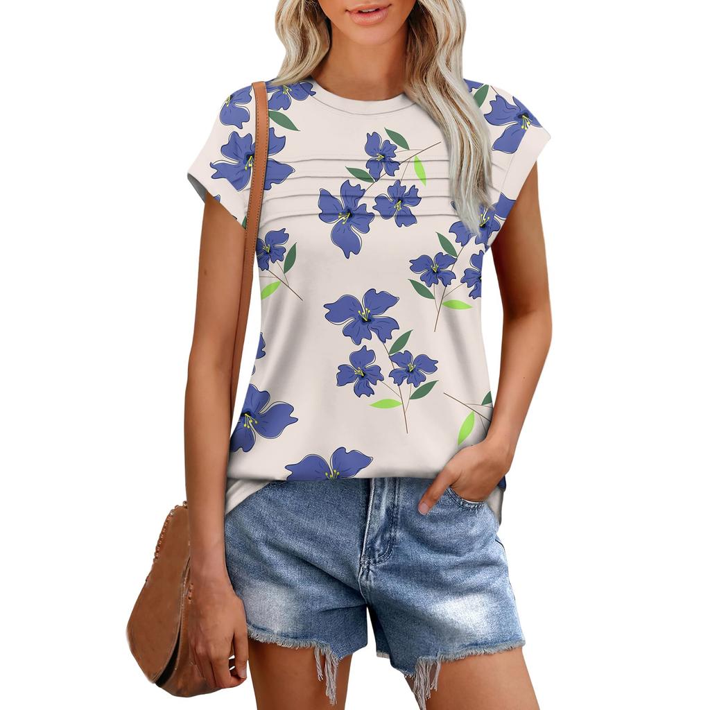 Damska Casualowa Koszulka z Krótkim Rękawem, Podstawowa Tekstura, Kwiatowy Wzór, Okrągły Dekolt, Top z Krótkim Rękawem