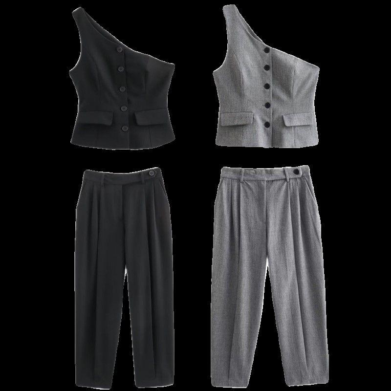 Spring 2024 New Leisure Suit Women's Asymmetric Vest 1608330 Pleated Design Skinny Pant 1608230