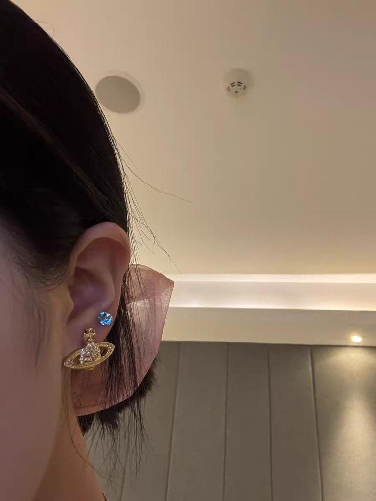 Classic Saturn Stud Earrings: Westwood-Style Full Diamond Planet Design