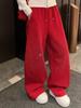 2026 Spring Red Rhinestone Baby's Breath Slimming Plus Velvet Wide Leg Cropped Pants