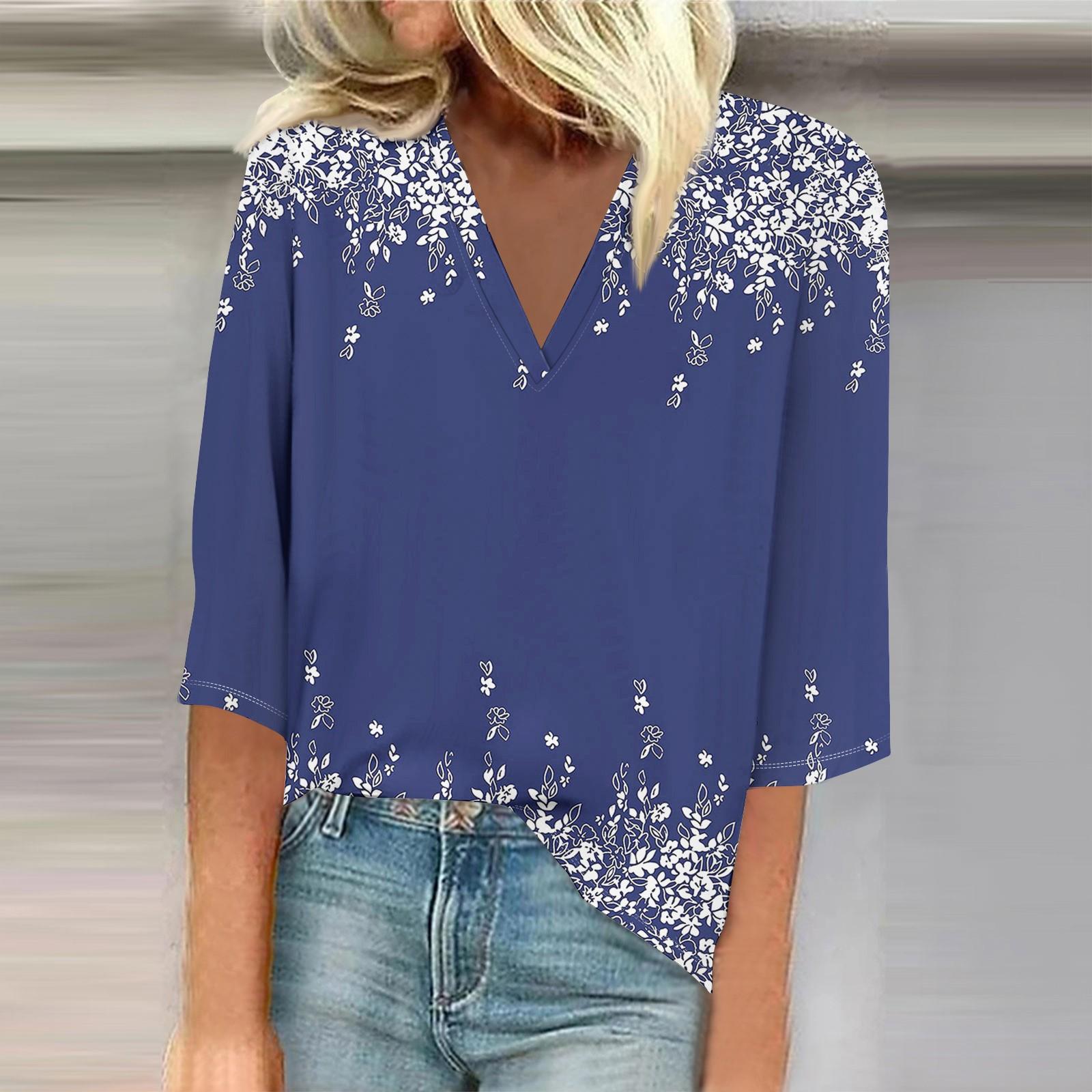 

Женские топы с рукавом 3/4 с цветочным принтом, винтажные модные повседневные свободные рубашки с v-образным вырезом, рубашки больших размеров L