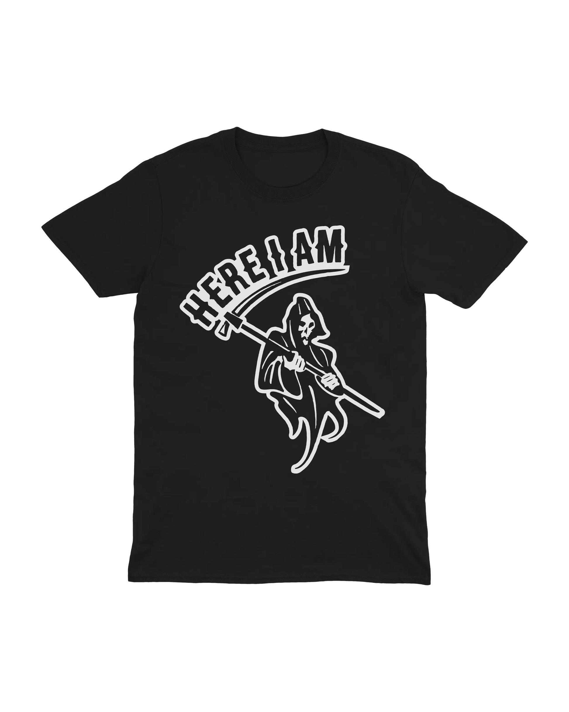 

Here I Am Grim Reaper T-Shirt Men Women Gothic Streetwear Dark Humor Graphic Cotton Short Sleeve Casual Unisex Tee 5XL різнокольоровий