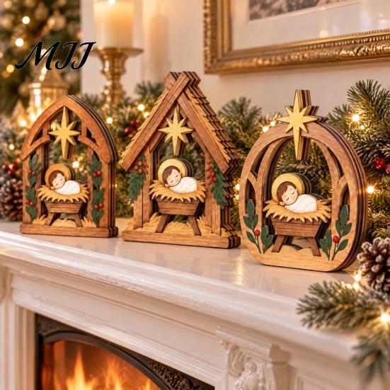 Stable Solid Wood Crafts 3Pcs Wooden Nativity Scene Decor, Christmas Manger Ornaments, Holy Family Vintage Style Xmas Ornaments Baby Jesus Tabletop