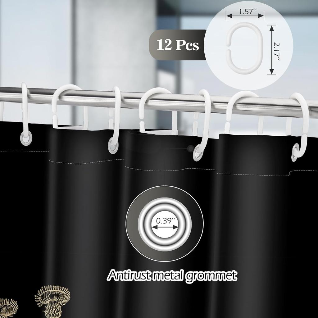 Aimego Spring Floral Shower Curtain- Black and Gold Plant Leaves Wildflower Nature Botanical Flower Fabric Cloth Bath Shower Cur