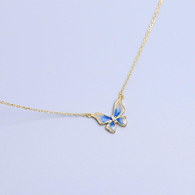 

French Gradual Blue Enamel Butterfly Wing Pendant Necklace for Women 925 Sterling Silver Plated 14K Gold Exquisite Jewelry Gift 45cm&Silver