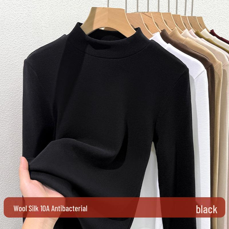 Women's Wool-Blend Base Layer Top: Half-High Collar, Velvet-Lined, Thickened, Silk Lyocell, Warm Long-Sleeved.