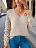V-Neck Crochet Jacquard Sweater: Women's Loose Fit, Long Sleeve Pullover for Spring & Autumn