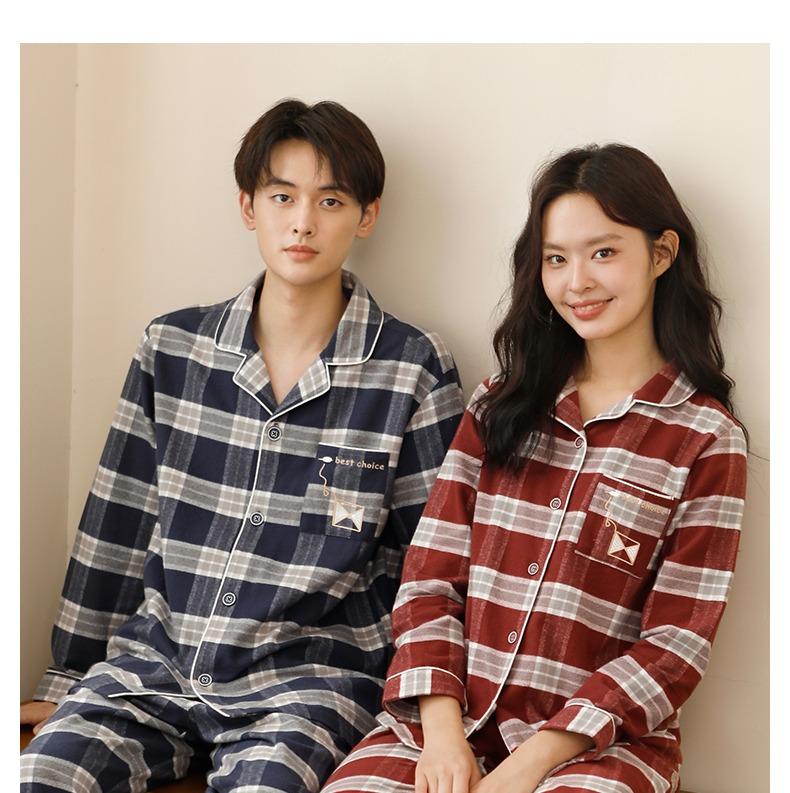 Pajama Couple Long-Sleeved Checkered Men's and Women's Autumn Casual Home Suit Set